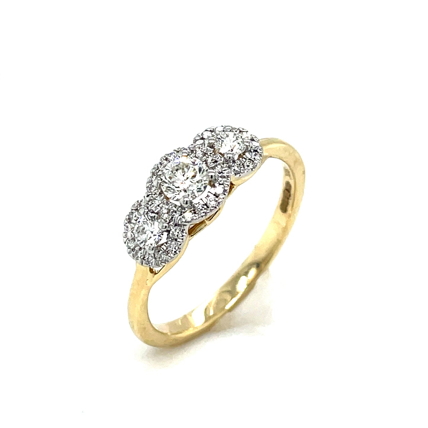 9CT ROUND BRILLIANT HALO 3 STONE DIAMOND RING .50CT