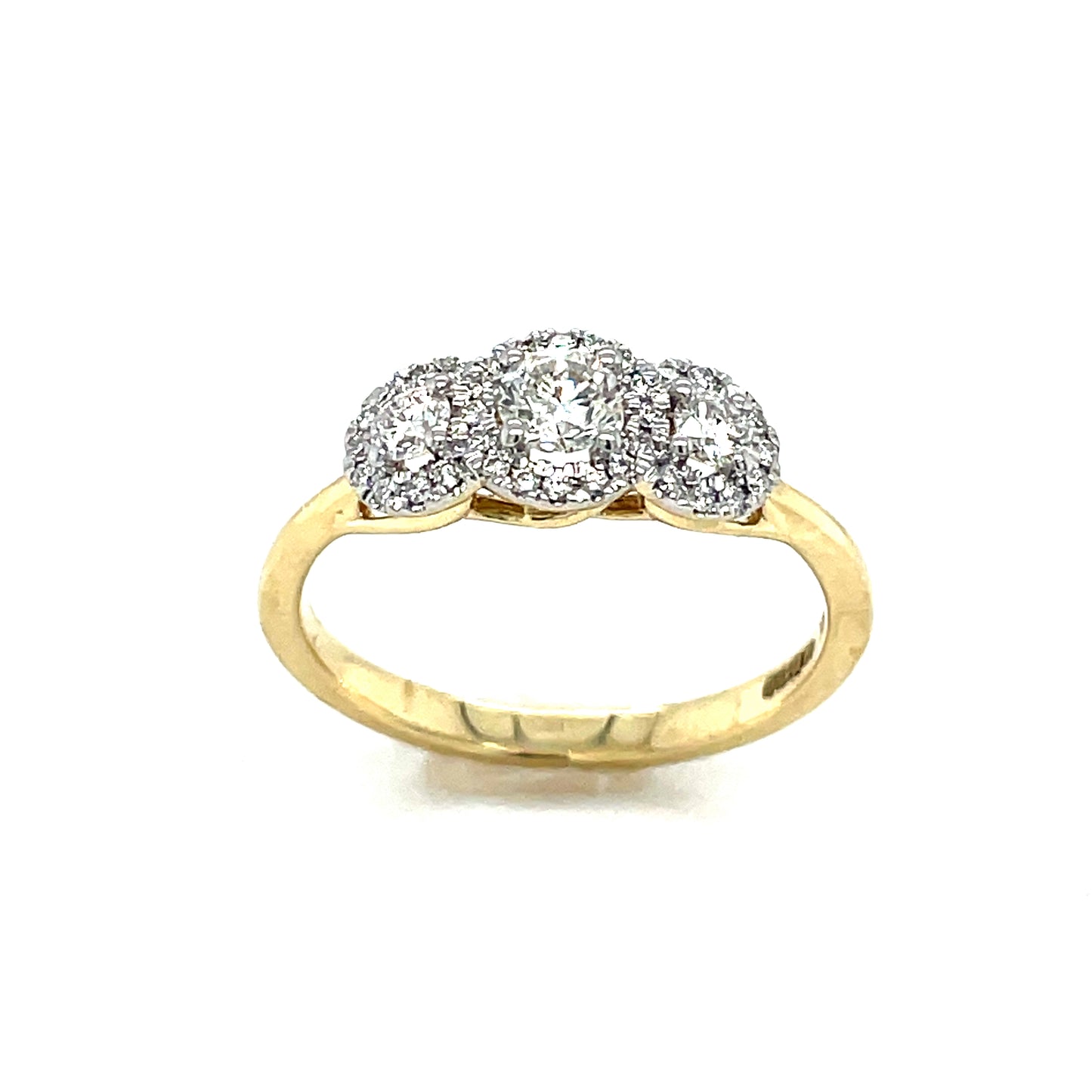 9CT ROUND BRILLIANT HALO 3 STONE DIAMOND RING .50CT