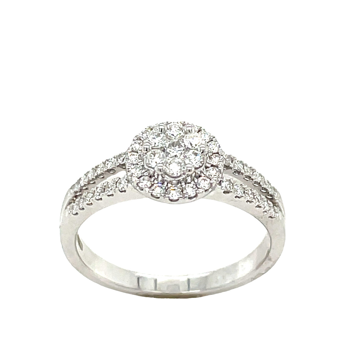 9ct White Gold Halo ClusterDiamond Ring with Split Diamond Shoulders .25ct