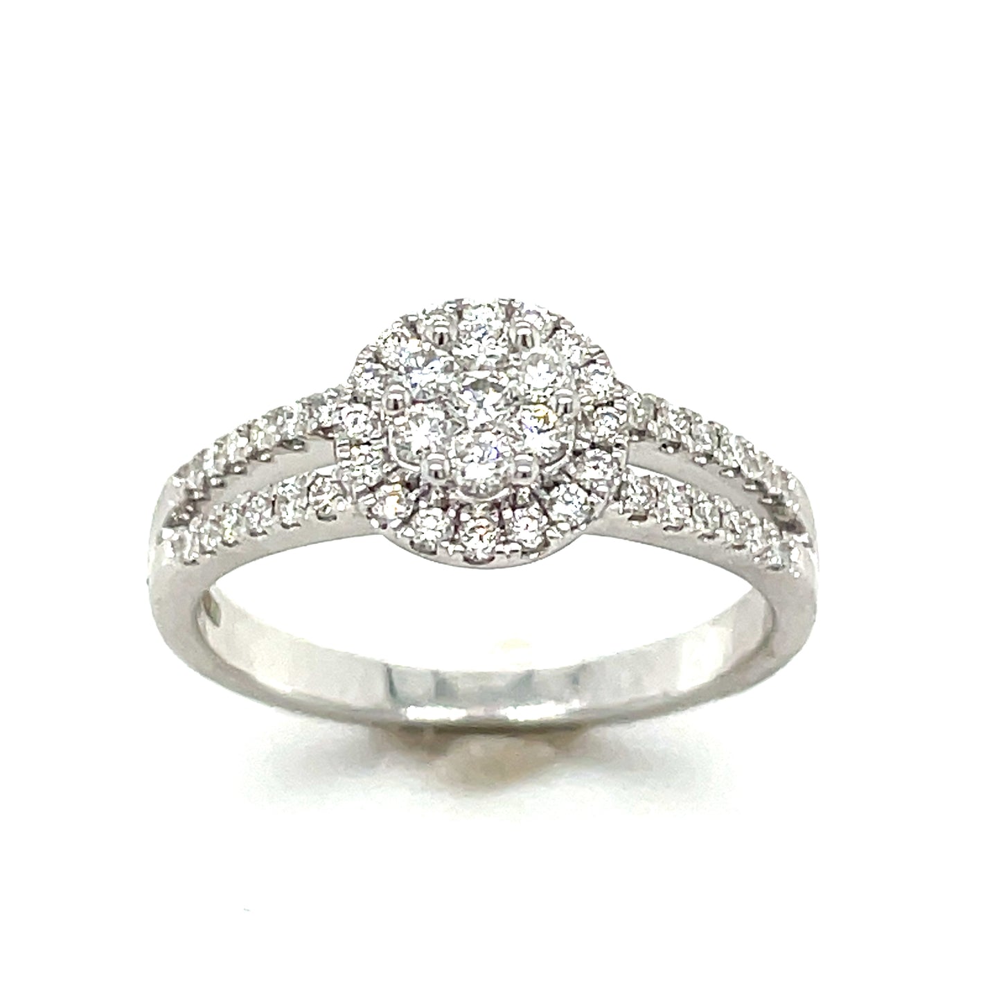 9ct White Gold Halo ClusterDiamond Ring with Split Diamond Shoulders .25ct