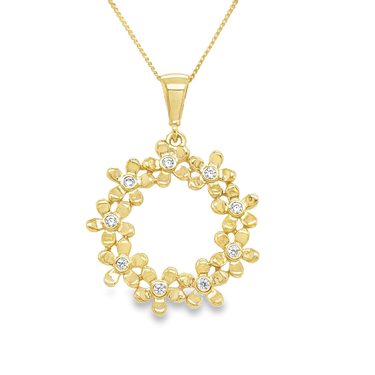 9ct Yellow Gold Open Circle CZ Flower Pendant