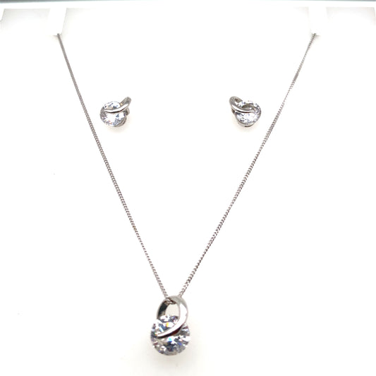9ct White Gold CZ Swirl Pendant and Earring Set
