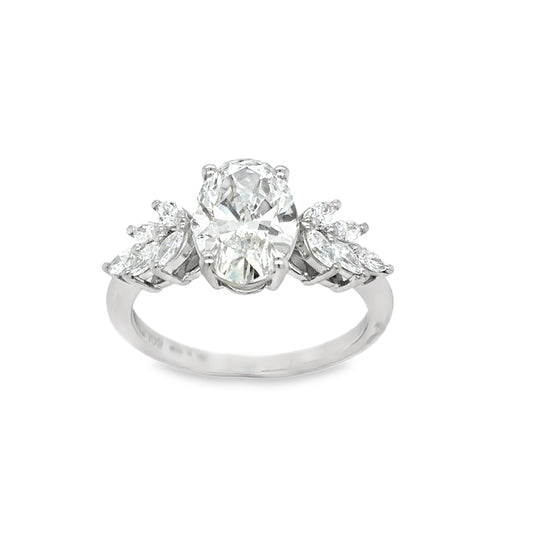 Platinum Oval Solitaire Cultured Diamond Ring with Marquis Shoulders 2.40ct