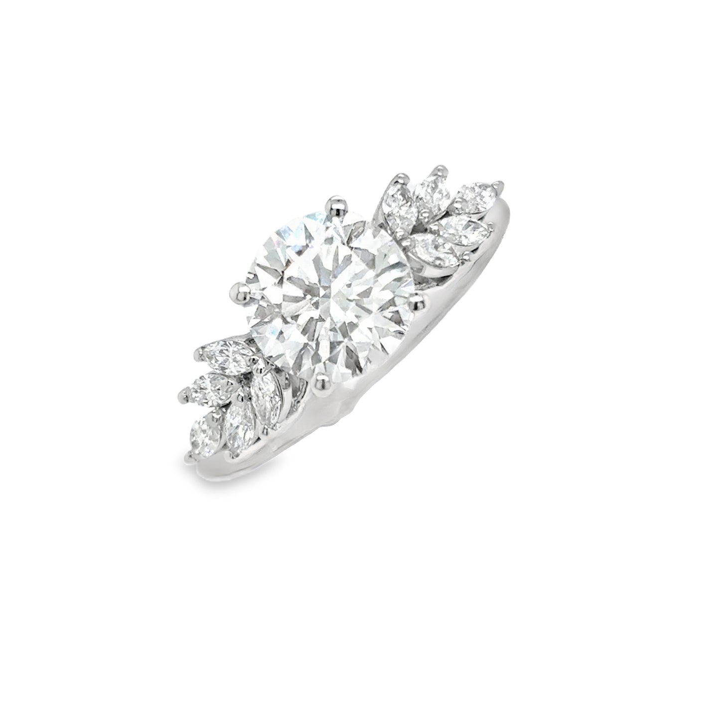 Platinum Round Brilliant Solitaire Cultured Diamond Ring with Marquis Shoulders 2.40ct