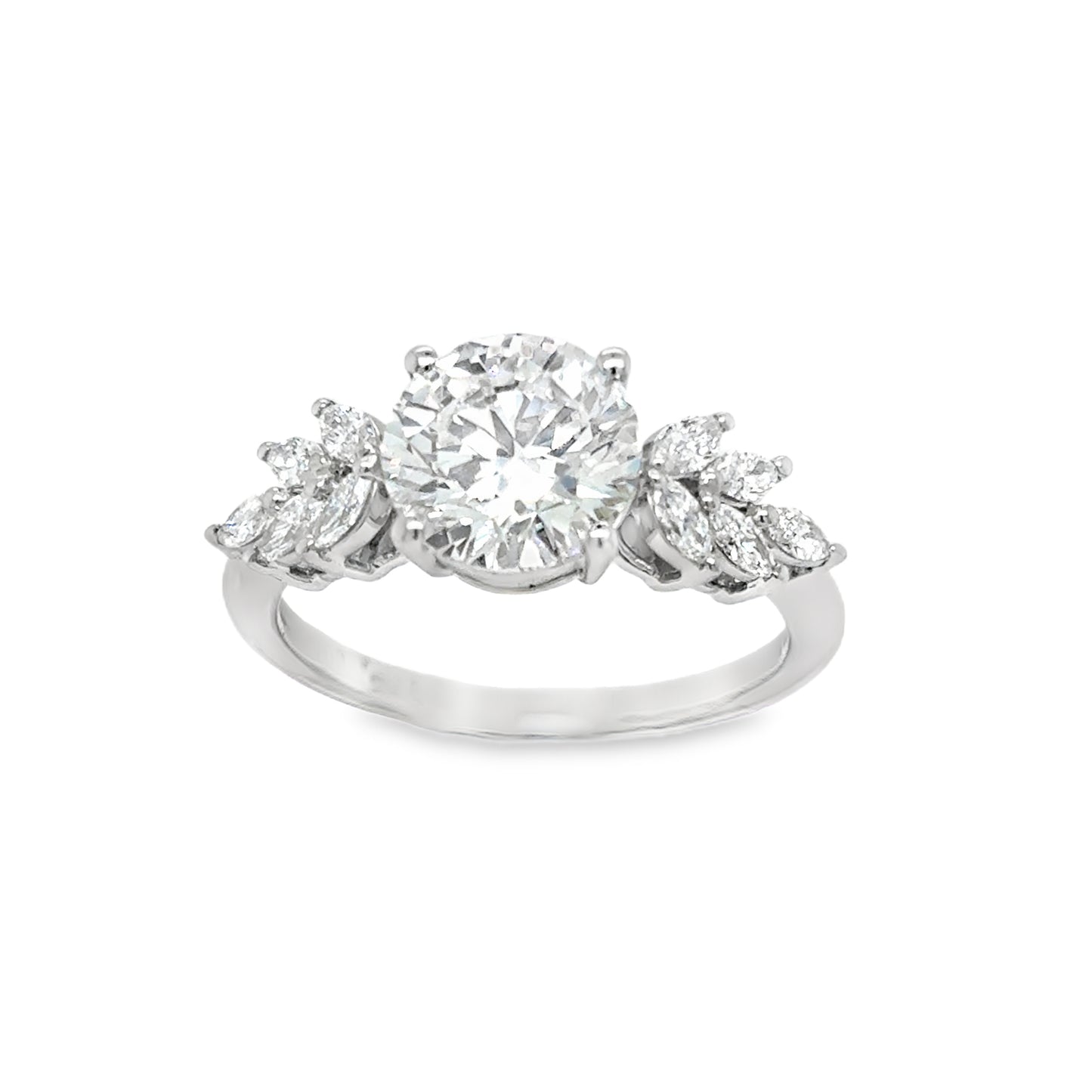 Platinum Round Brilliant Solitaire Cultured Diamond Ring with Marquis Shoulders 2.40ct