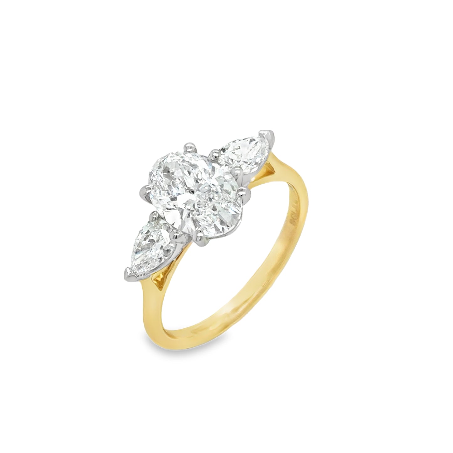 18ct Yellow Gold Oval Solitaire Cultured Diamond Ring with Pear Cut Shoulders 2.00ct