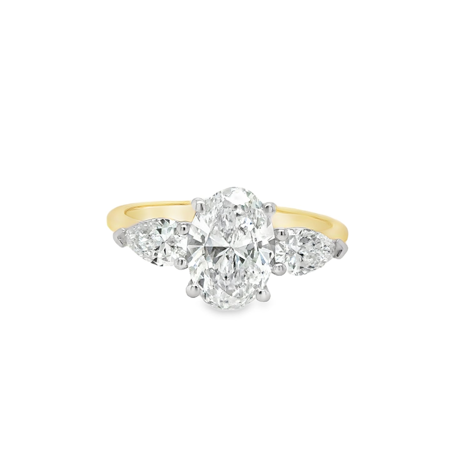 18ct Yellow Gold Oval Solitaire Cultured Diamond Ring with Pear Cut Shoulders 2.00ct