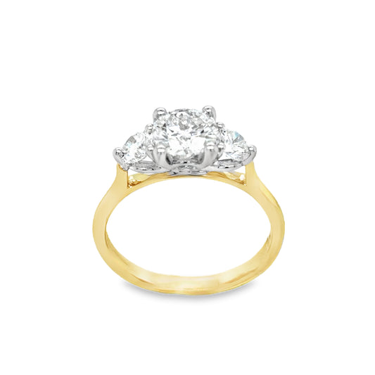 9ct Yellow Gold Three Stone Round Brilliant Cultured Diamond Rinjg 1.50ct