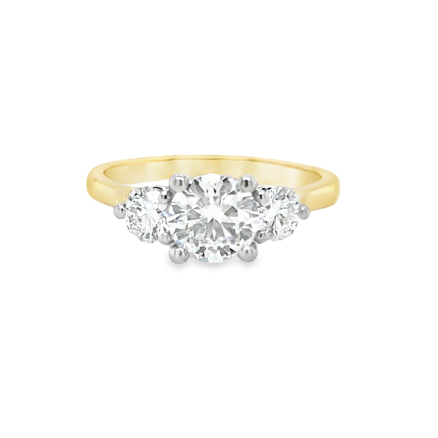 9ct Yellow Gold Three Stone Round Brilliant Cultured Diamond Rinjg 1.50ct