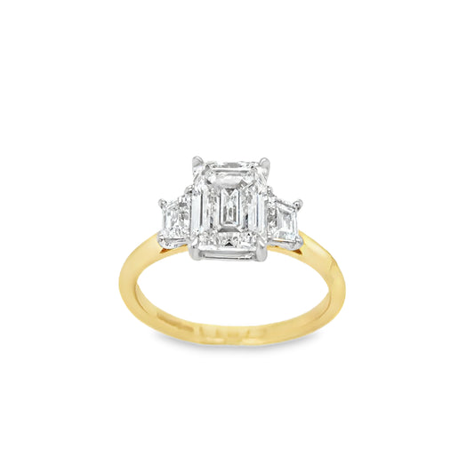 18ct Yellow Gold Emerald Cut Solitaire & Trapezium Shoulders Cultured Diamond Ring 2.48ct