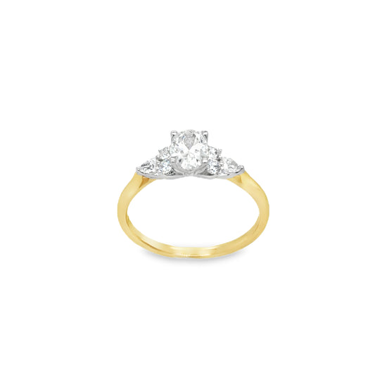 18ct Yellow Gold Oval Solitaire Diamond Ring with Fancy Round and Pear Cut Shoulders .70ct