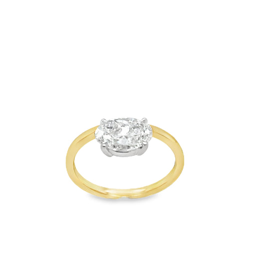 18ct Yellow Gold Offset East-West Oval Solitaire Cultured Diamond Ring 1.57ct