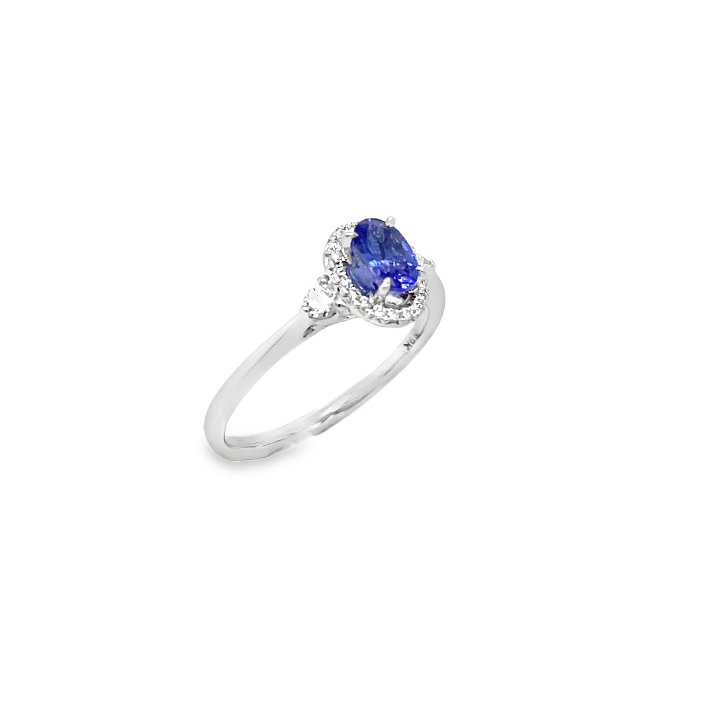 9ct White Gold Tanzanite Halo Diamond Ring With Round Briliant Shoulders .21ct