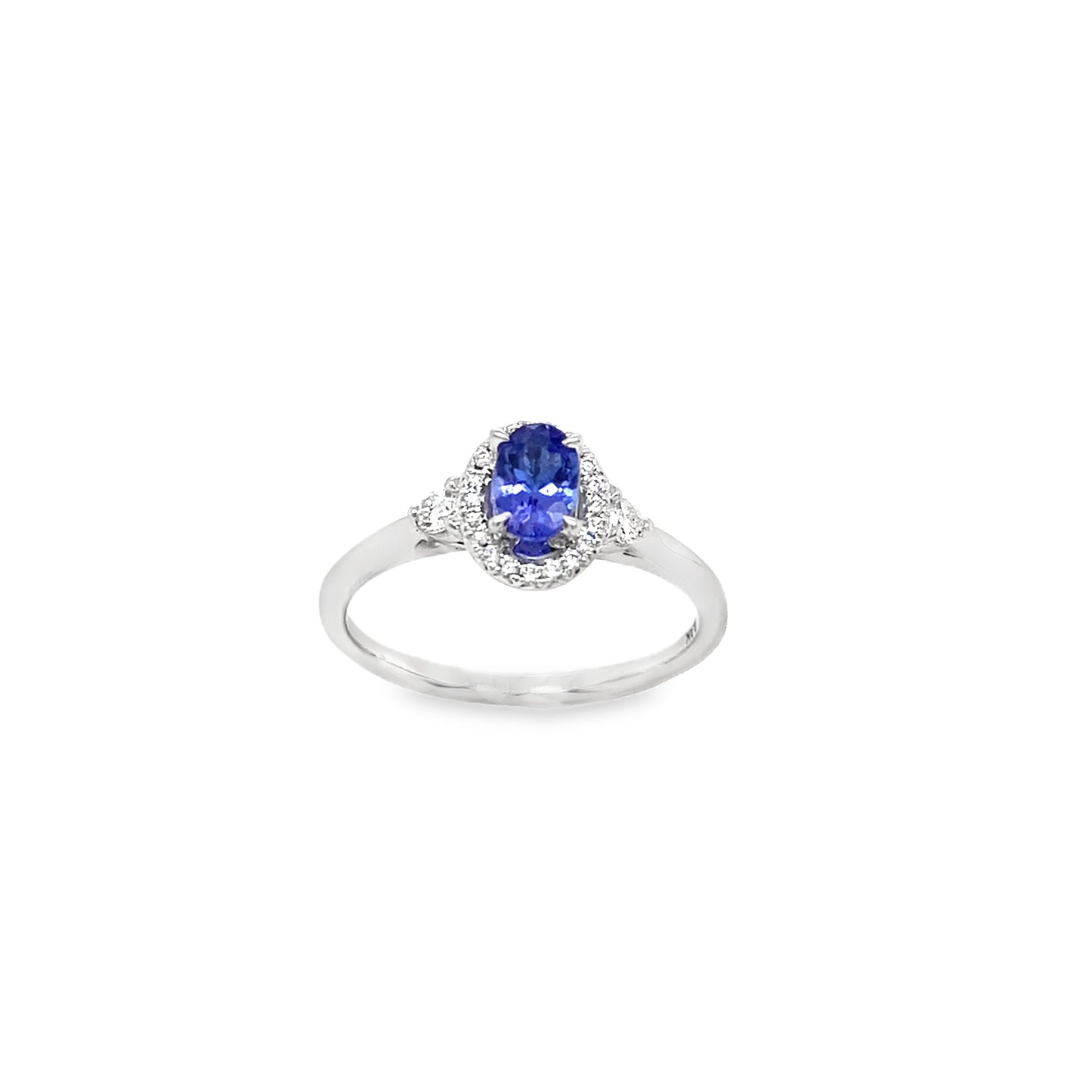 9ct White Gold Tanzanite Halo Diamond Ring With Round Briliant Shoulders .21ct
