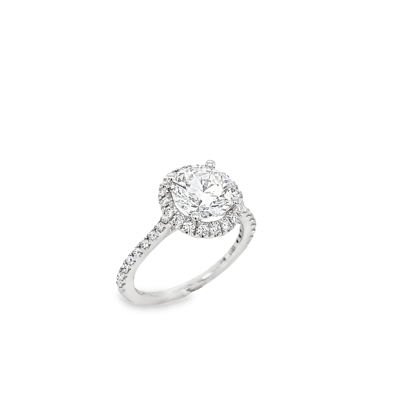 Platinum Round Brilliant Halo Cultured Diamond Ring With Stone Set Shoulders 2.44ct