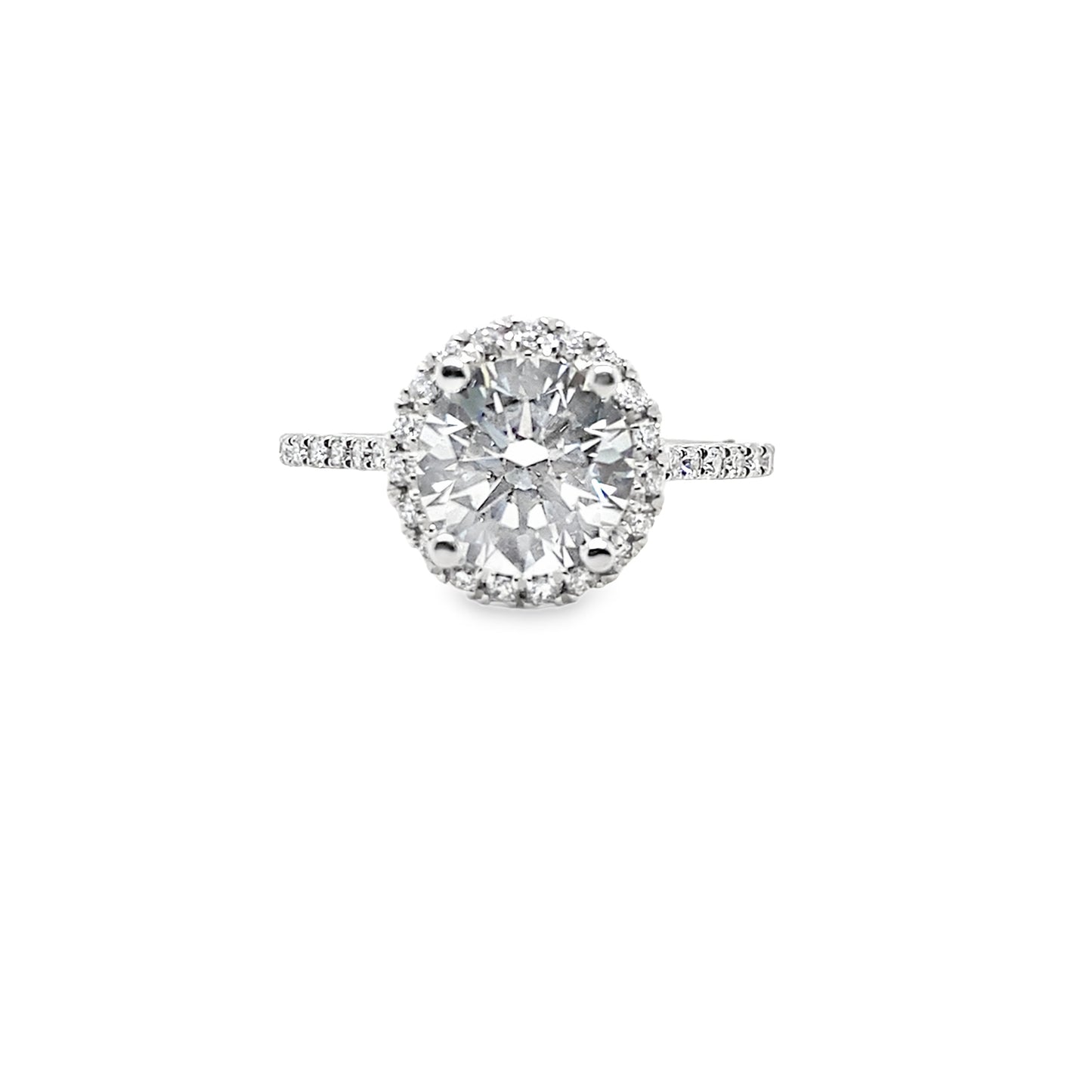 Platinum Round Brilliant Halo Cultured Diamond Ring With Stone Set Shoulders 2.44ct