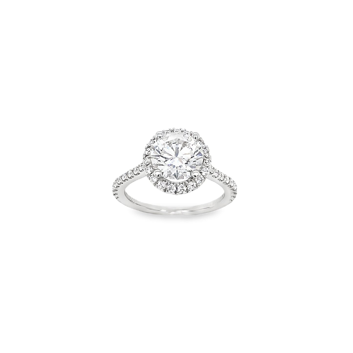 Platinum Round Brilliant Halo Cultured Diamond Ring With Stone Set Shoulders 2.44ct