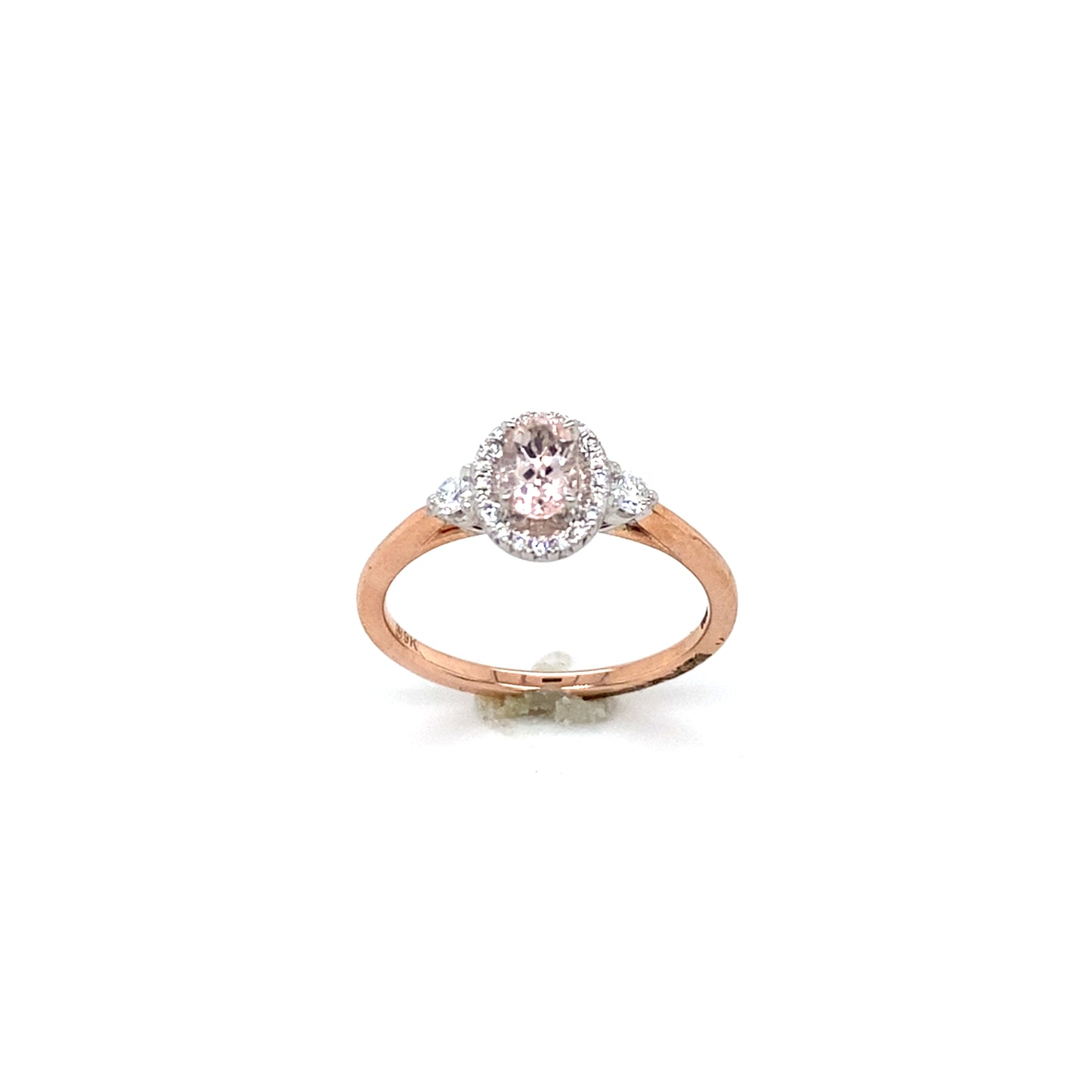 9ct Rose Gold Morganite Halo Diamond Ring With Round Briliant Shoulders .21ct