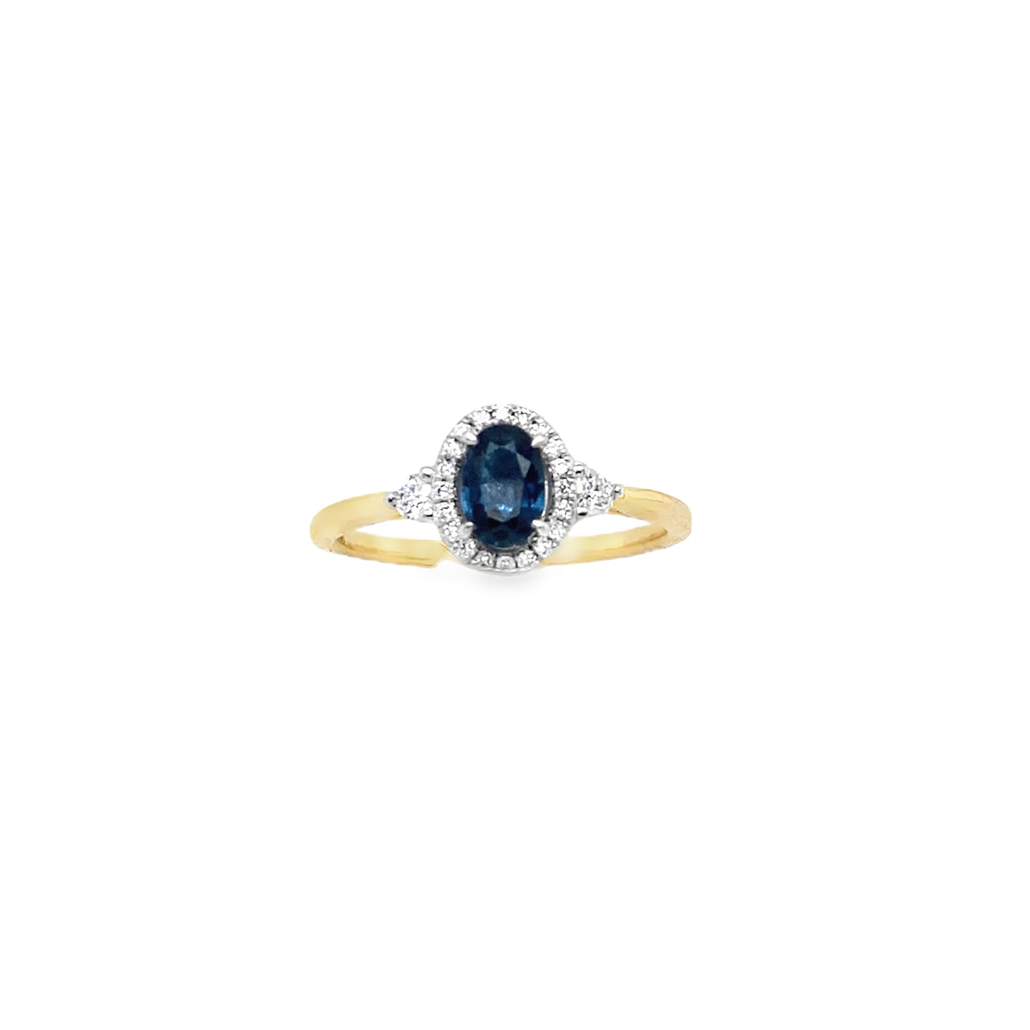 9ct Oval Sapphire Halo Diamond Ring With Round Briliant Shoulders .21ct