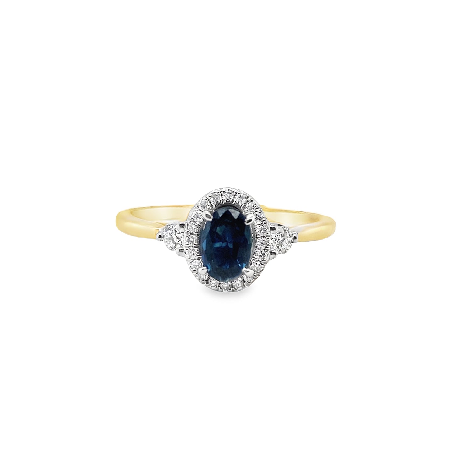 9ct Oval Sapphire Halo Diamond Ring With Round Briliant Shoulders .21ct
