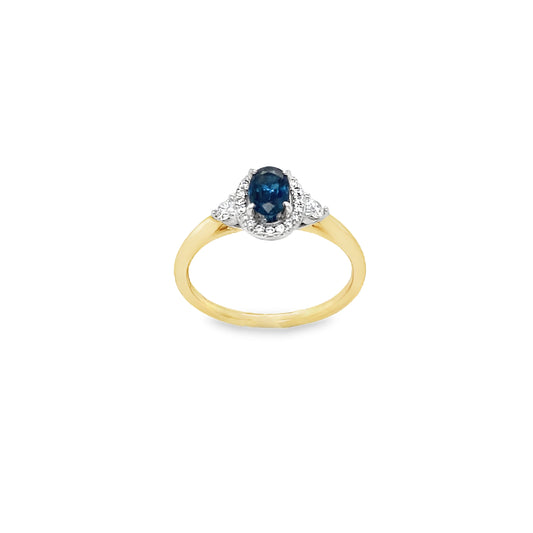 9ct Oval Sapphire Halo Diamond Ring With Round Briliant Shoulders .21ct