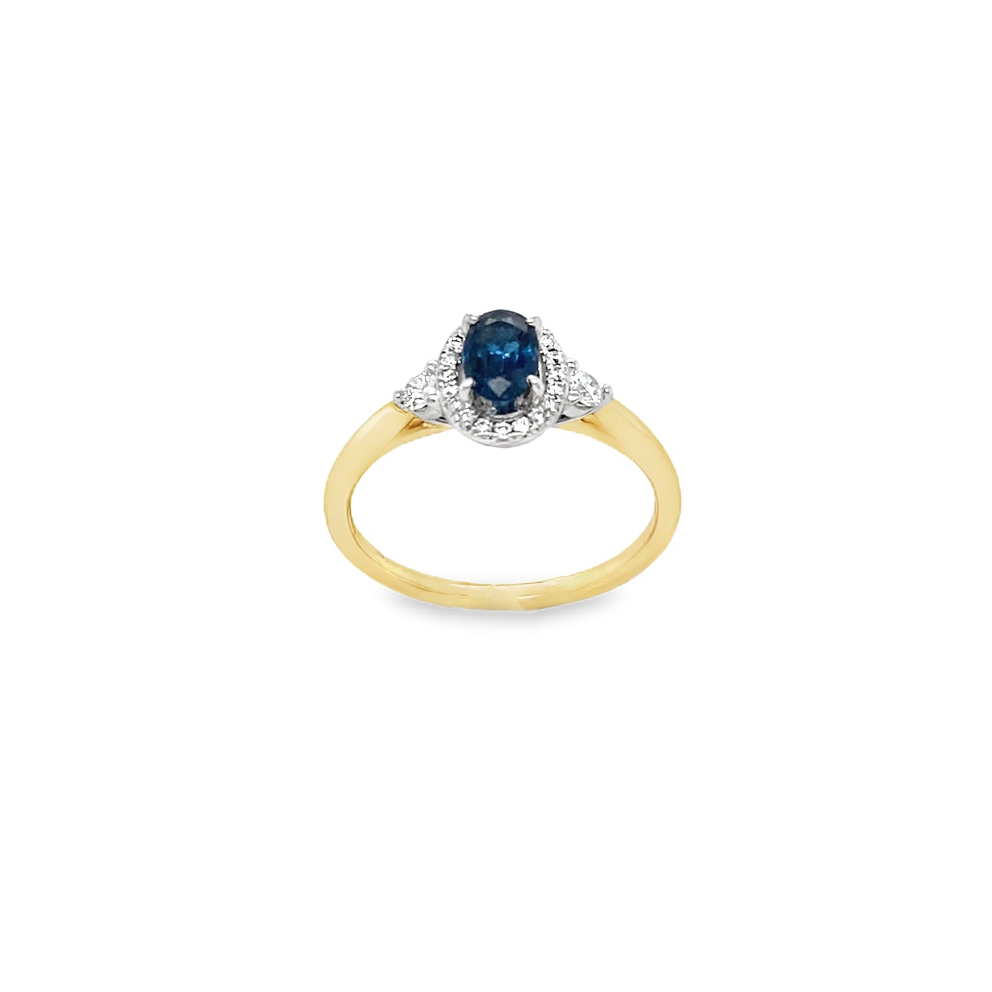 9ct Oval Sapphire Halo Diamond Ring With Round Briliant Shoulders .21ct