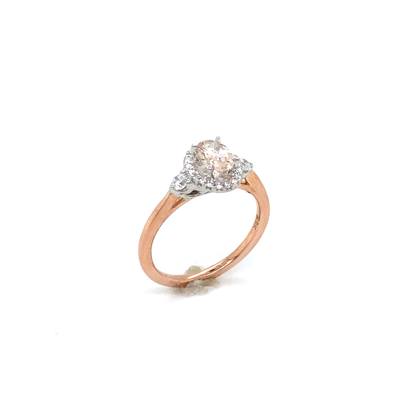 9ct Rose Gold Morganite Halo Diamond Ring With Round Briliant Shoulders .21ct