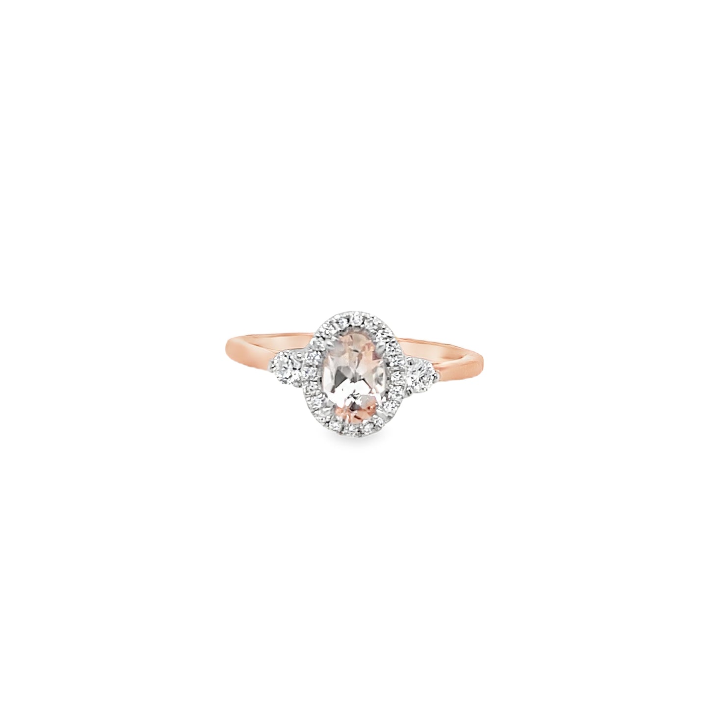 9ct Rose Gold Morganite Halo Diamond Ring With Round Briliant Shoulders .21ct