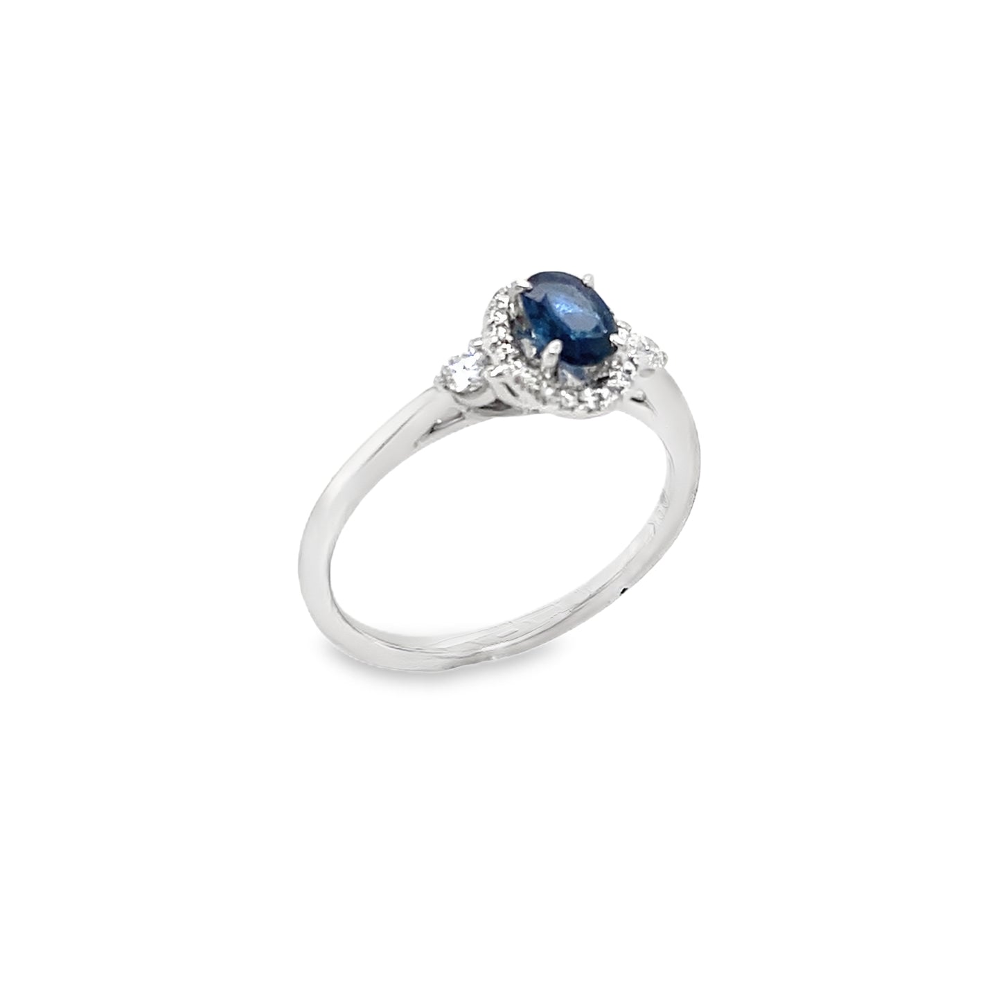9ct White Gold Oval Sapphire Halo Diamond Ring With Round Briliant Shoulders .21ct