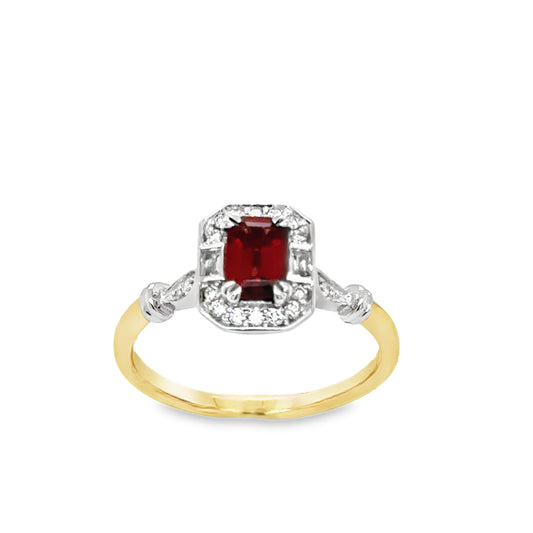9ct Emerald Cut Garnet & Diamond Halo Antique Style Diamond Ring With Shoulders .08ct