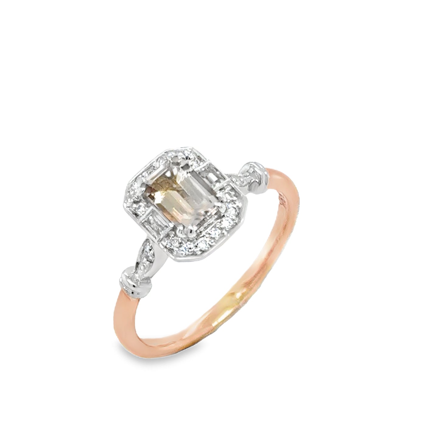 9ct Rose Gold Emerald Cut Morganite  & Diamond Halo Antique Style Diamond Ring With Shoulders .08ct