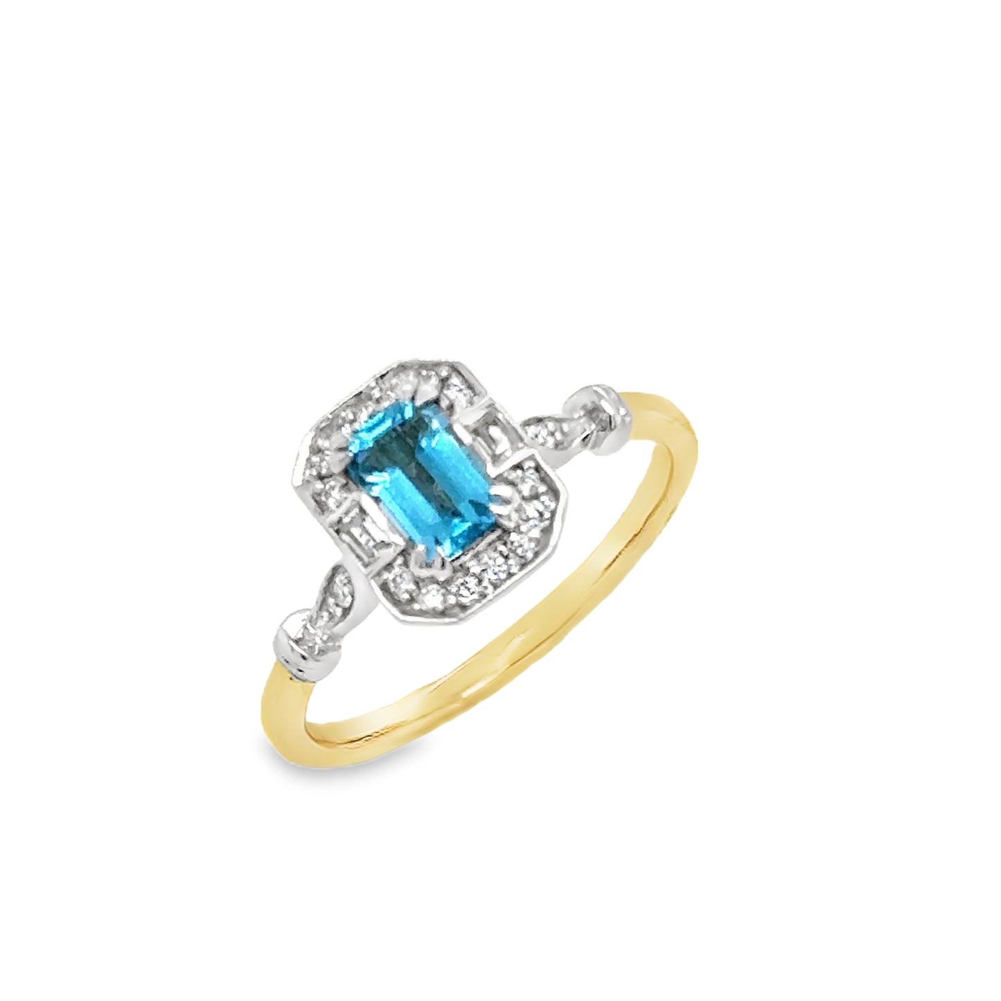 9ct Emerald Cut Blue Topaz & Diamond Halo Antique Style Diamond Ring With Shoulders .08ct