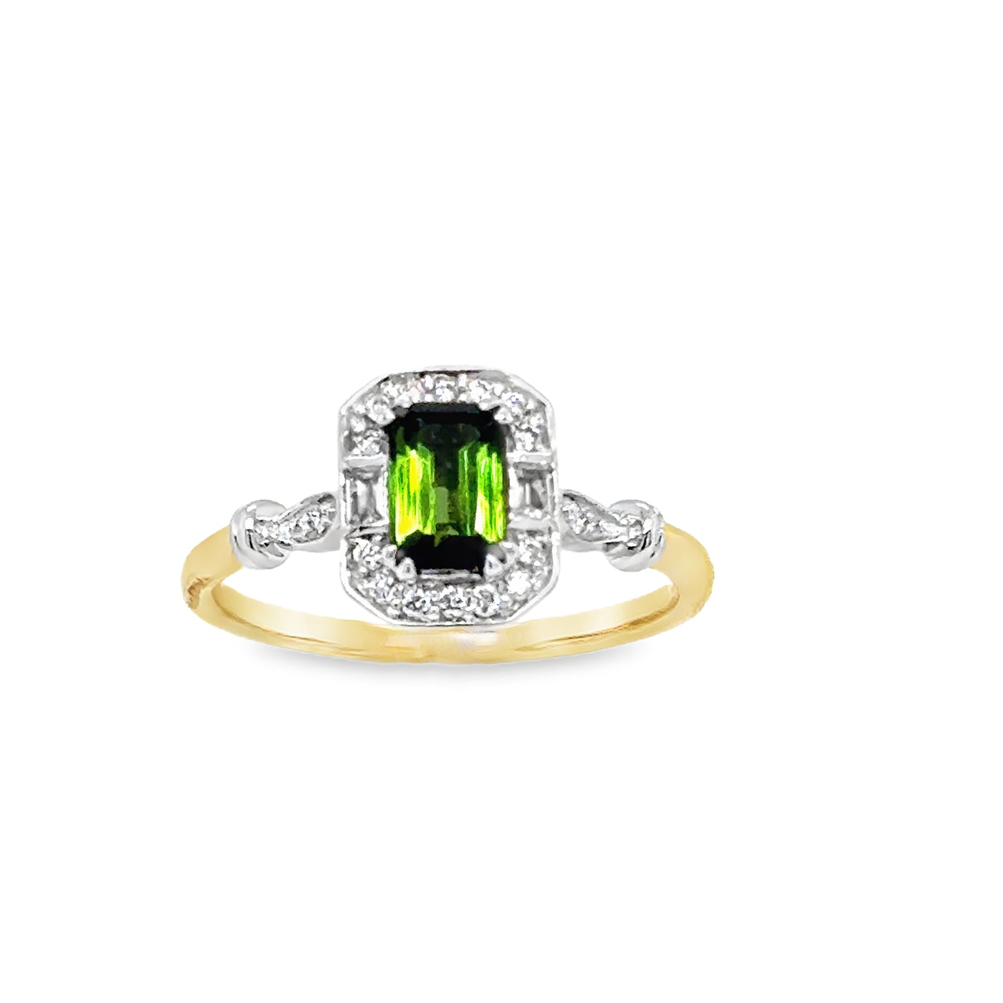 9ct Emerald Cut Green Tourmaline & Diamond Halo Antique Style Diamond Ring With Shoulders .08ct