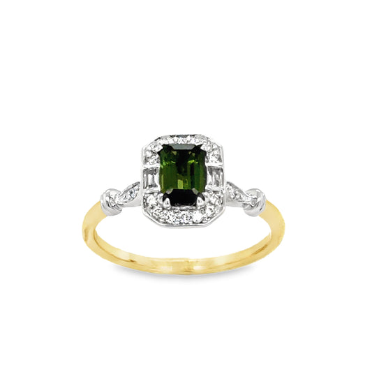 9ct Emerald Cut Green Tourmaline & Diamond Halo Antique Style Diamond Ring With Shoulders .08ct