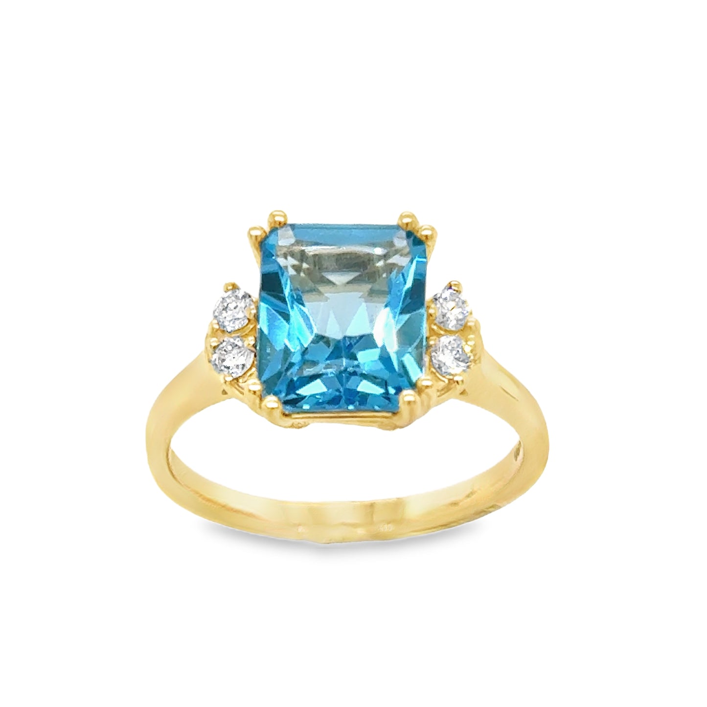 9ct Radiant Cut Blue Topaz Solitaire With Round Brilliant Diamond Diamond Shoulders .16ct