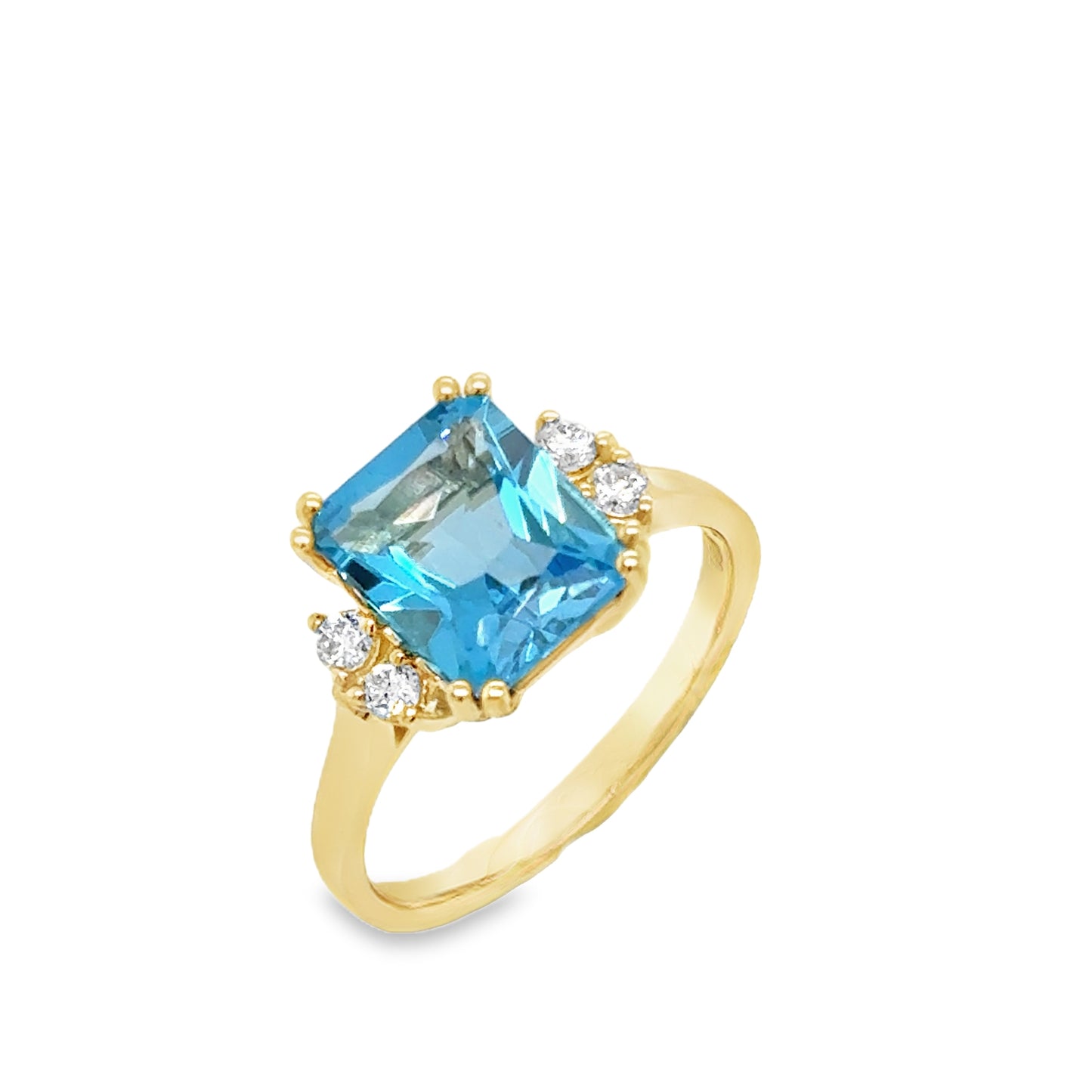9ct Radiant Cut Blue Topaz Solitaire With Round Brilliant Diamond Diamond Shoulders .16ct