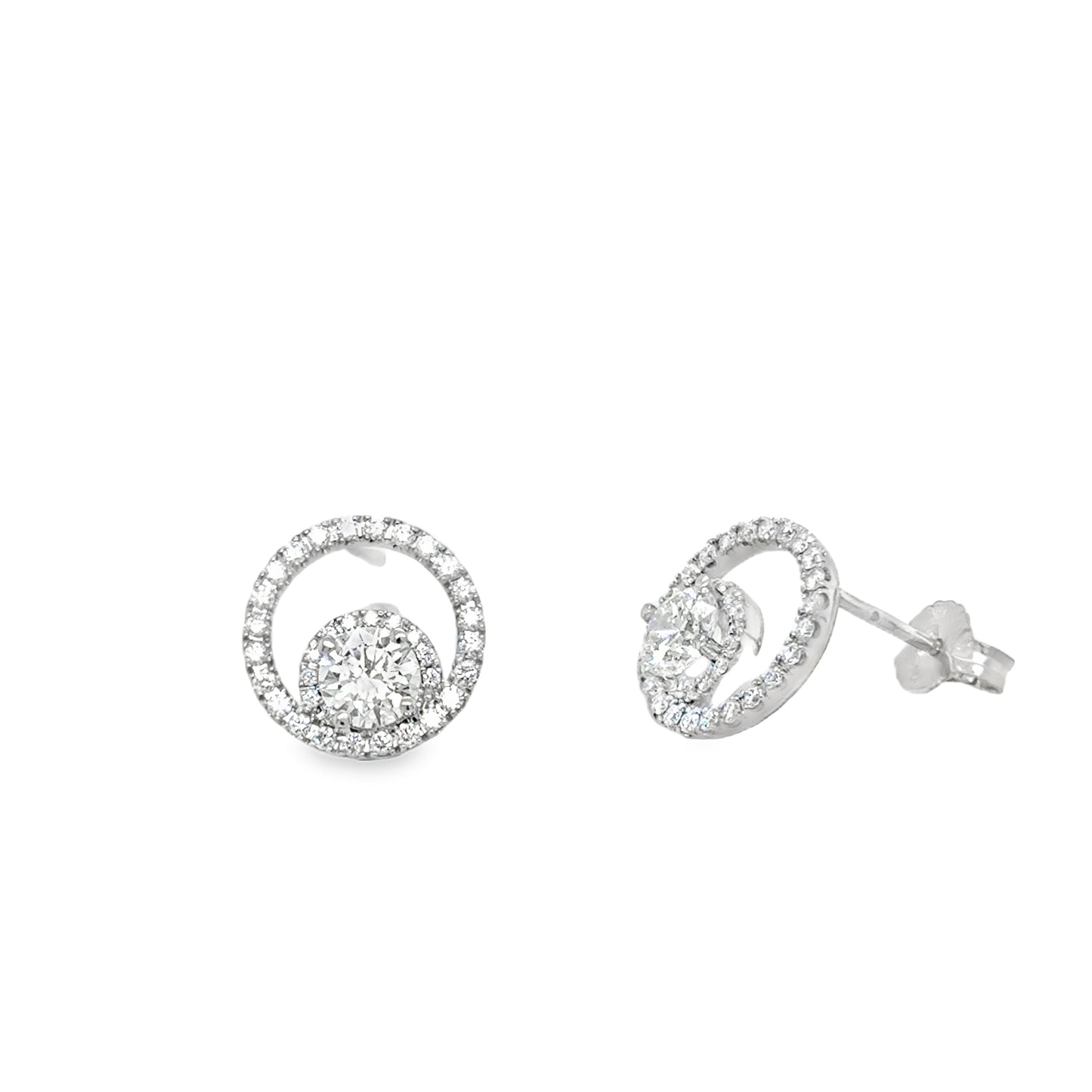 18ct White Gold Open Circle Round Brilliant Halo Diamond Stud Earrings 1.13ct
