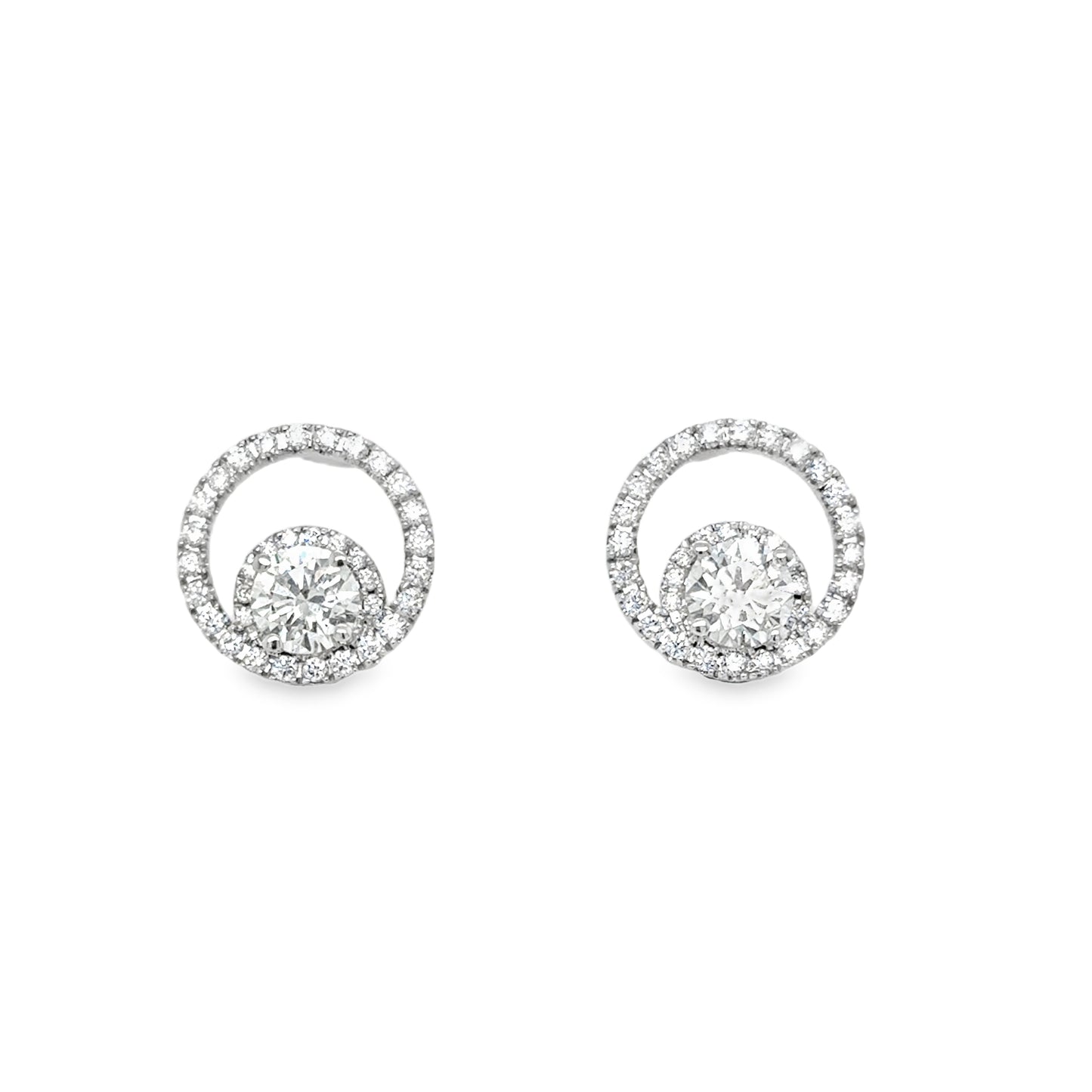18ct White Gold Open Circle Round Brilliant Halo Diamond Stud Earrings 1.13ct