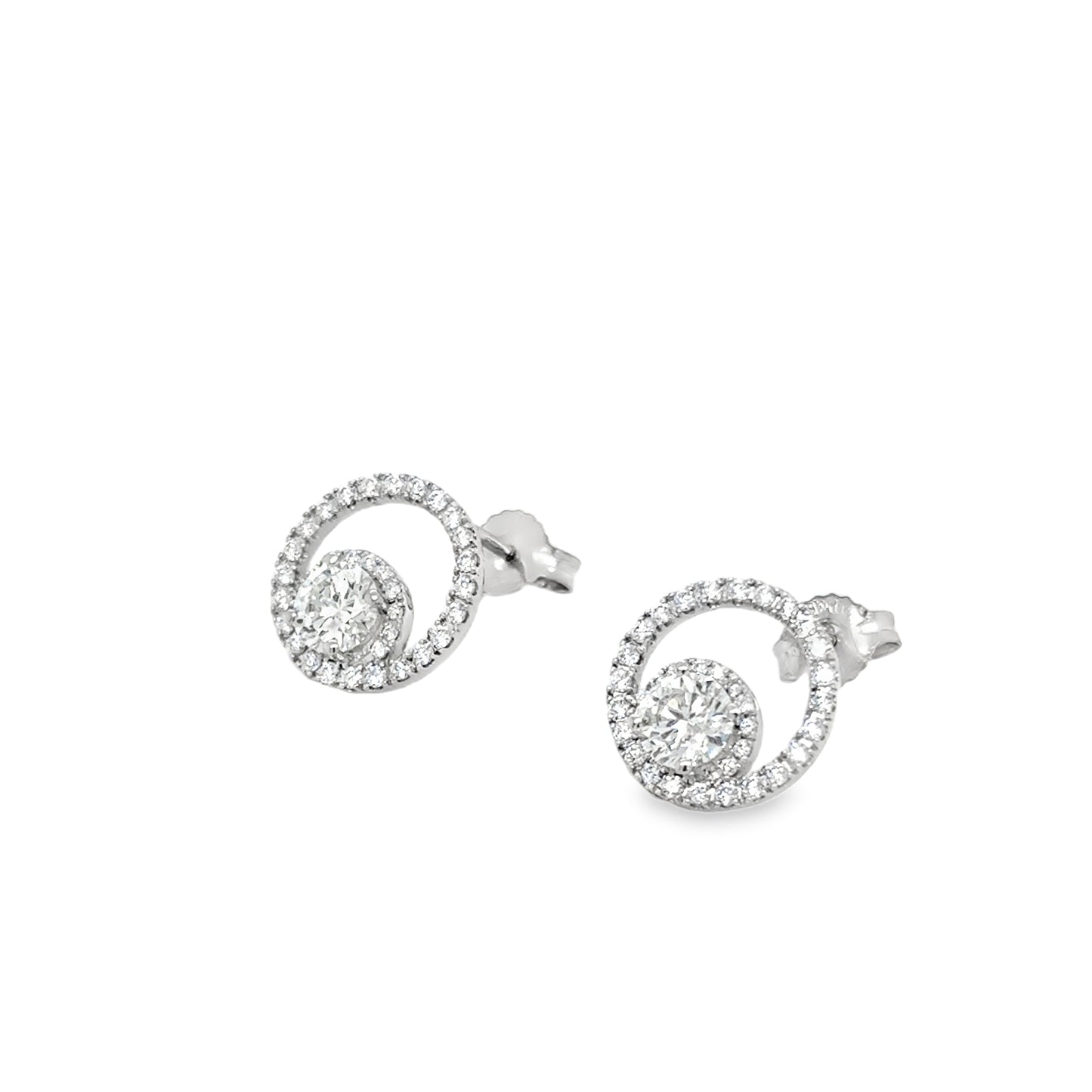18ct White Gold Open Circle Round Brilliant Halo Diamond Stud Earrings 1.13ct