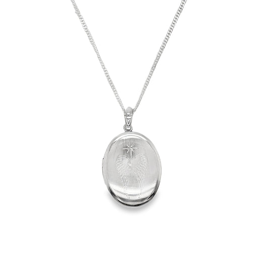 Sterling Silver Matte Oval Ashes Holder Memorial Locket With Engraved Wings & Star