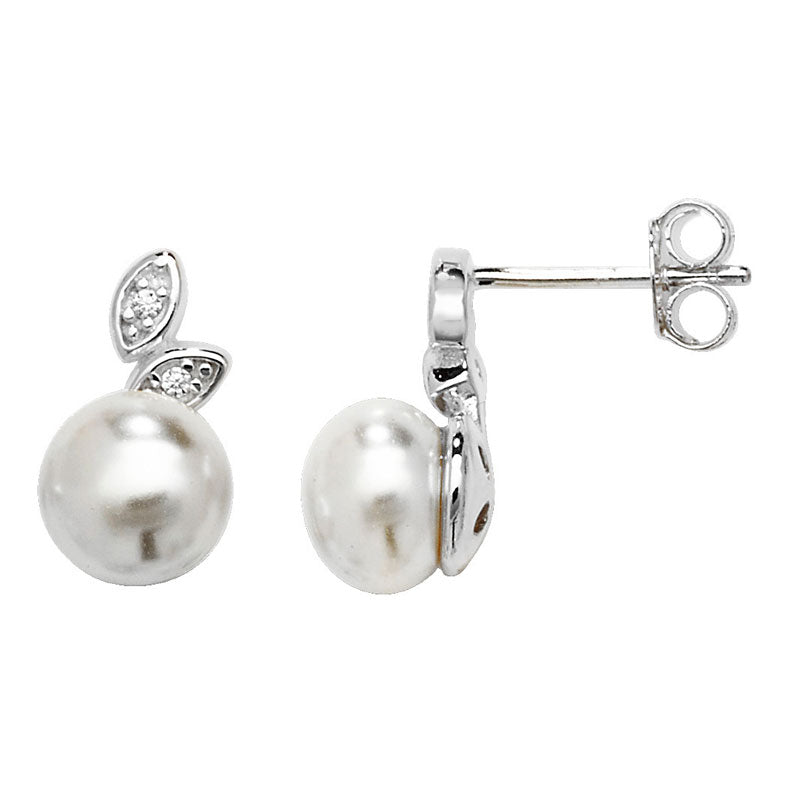 Sterling Silver Pearl Earring with Leaf Detail
