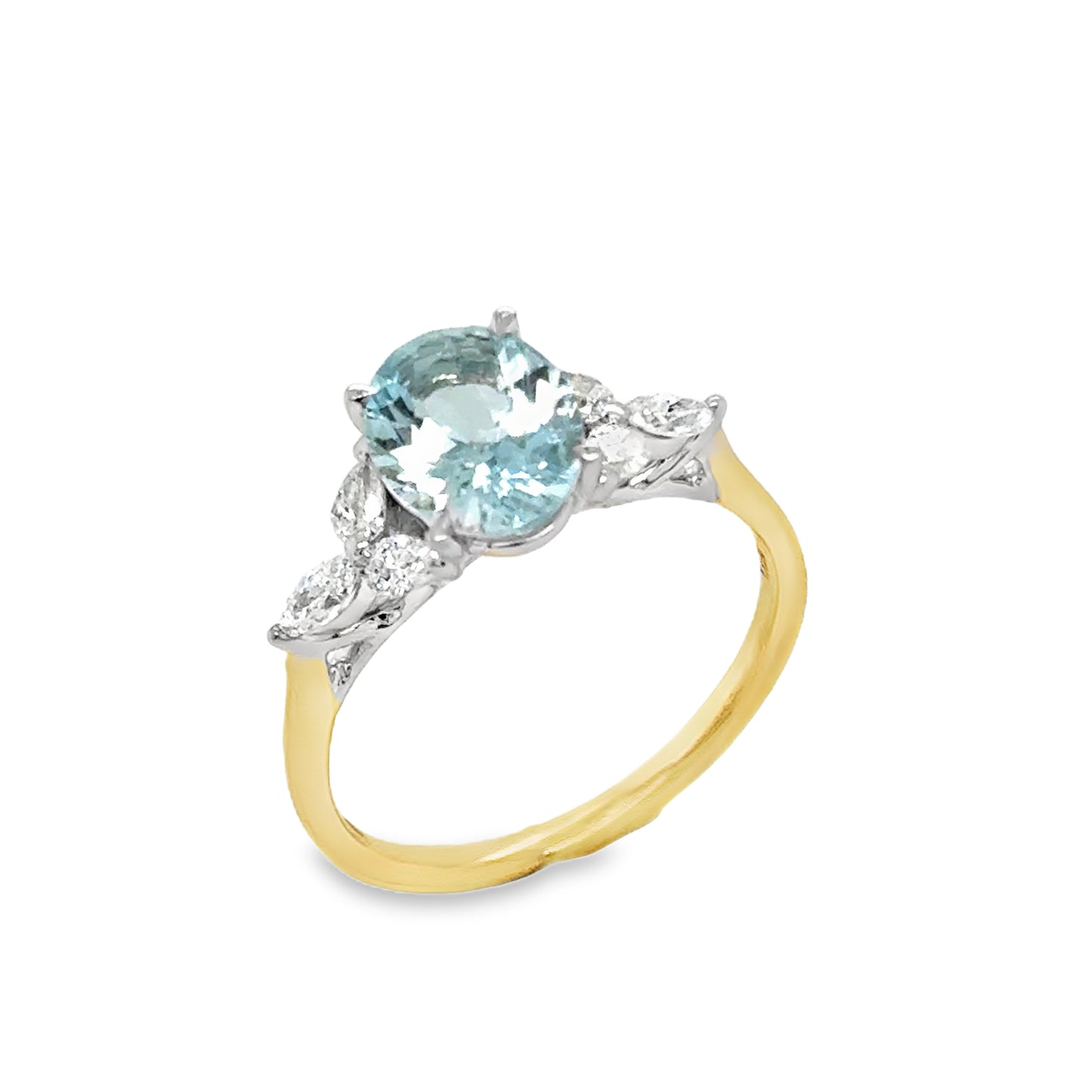 18ct Oval centre Aquamarine Ring With Diamond Marquise Cluster Shoulders .30ct