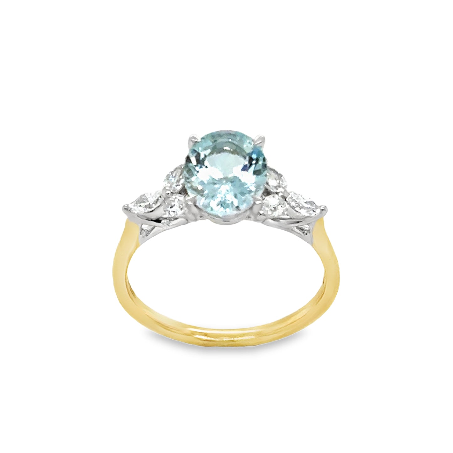 18ct Oval centre Aquamarine Ring With Diamond Marquise Cluster Shoulders .30ct
