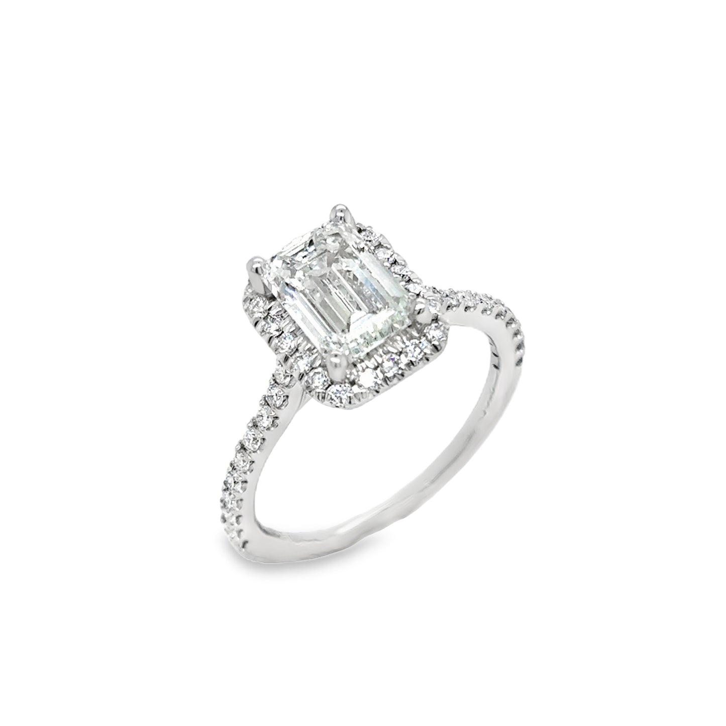 Platinum Emerald Cut Cultured Dimaond Ring With Halo & Shouders 2.42ct