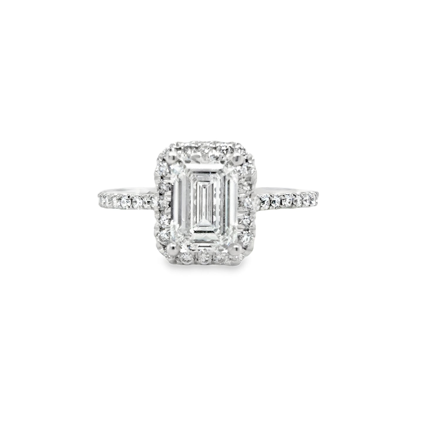 Platinum Emerald Cut Cultured Dimaond Ring With Halo & Shouders 2.42ct