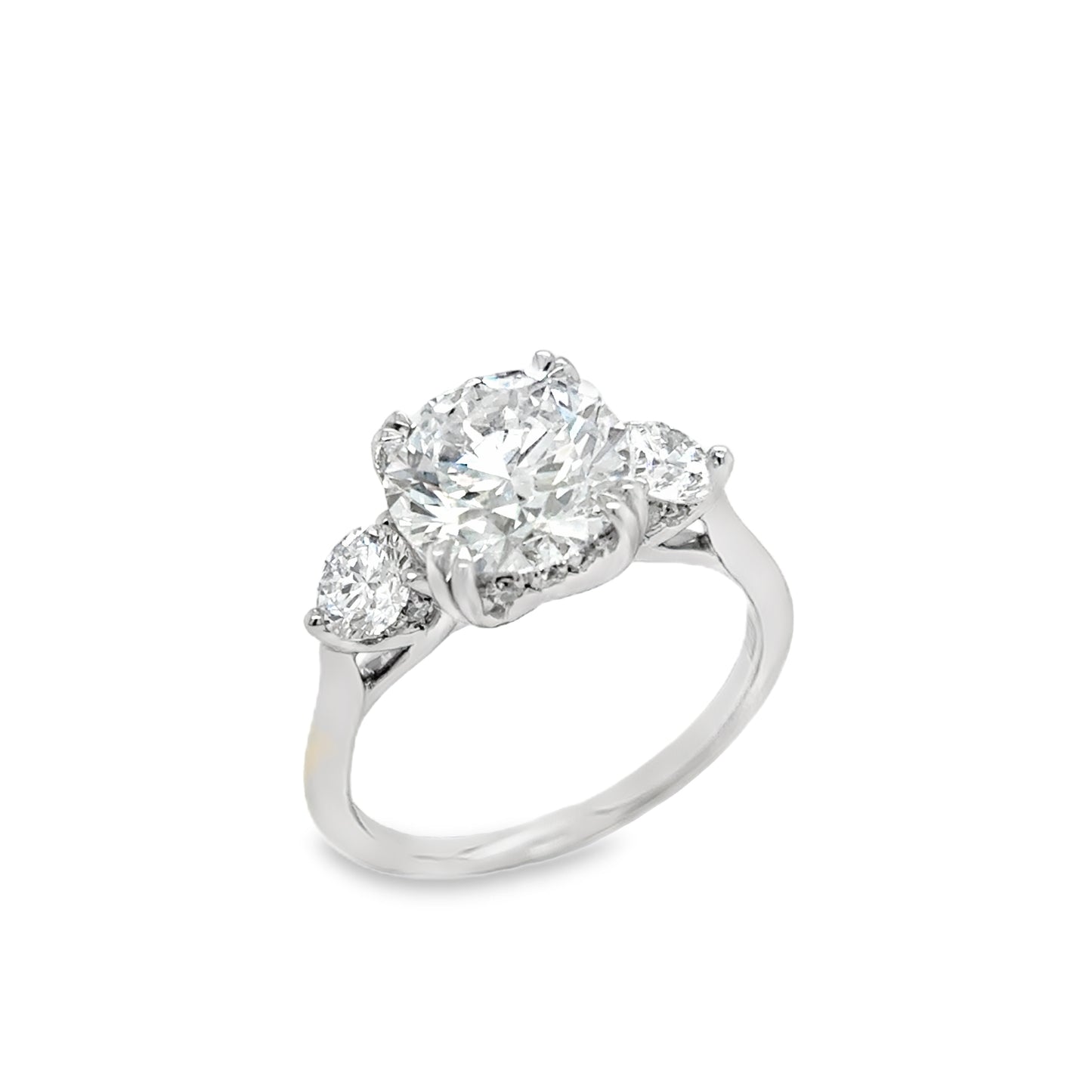 Platinum 3 Stone Round Brilliant Graduated Cultured Diamond Ring With Hidden Halo 3.82ct