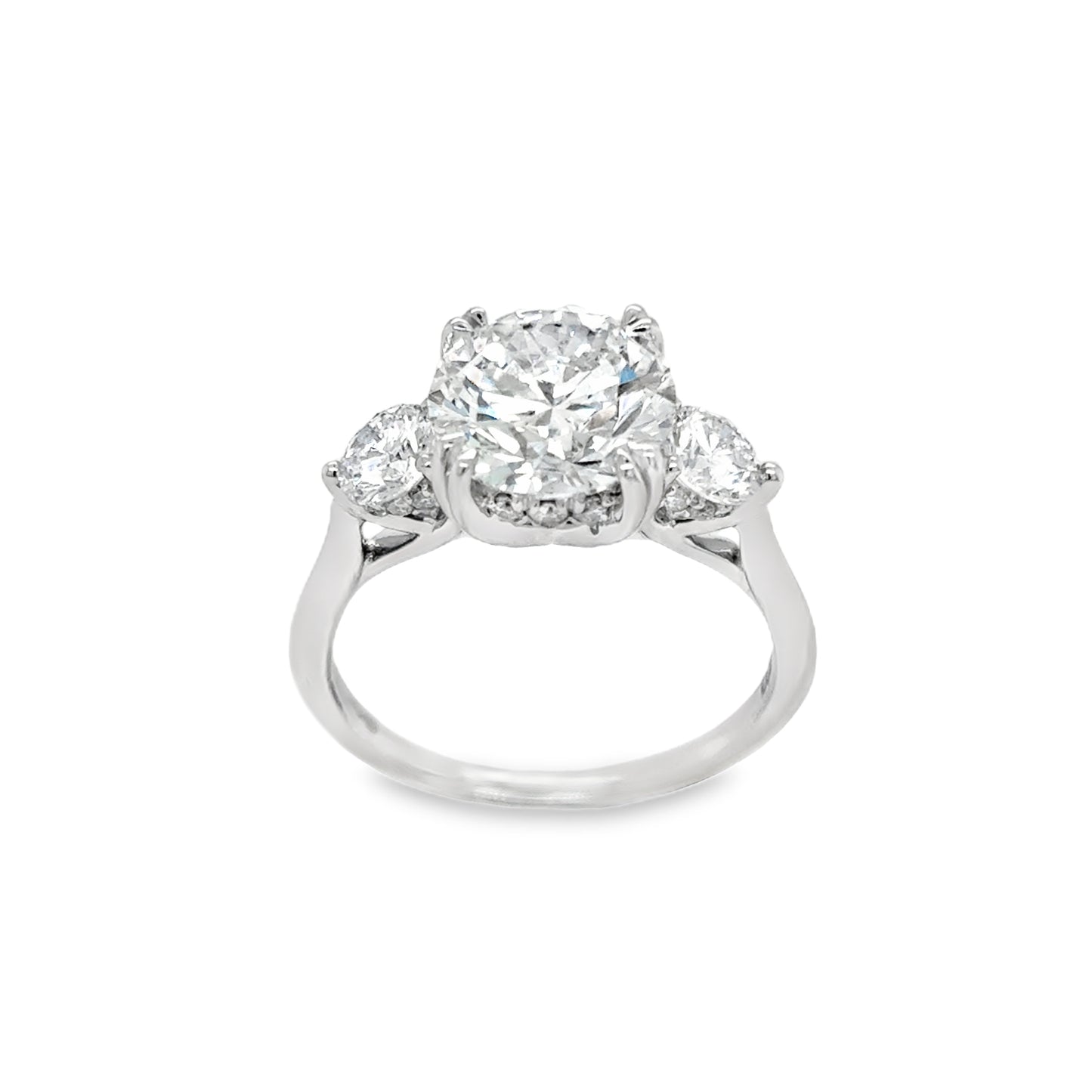 Platinum 3 Stone Round Brilliant Graduated Cultured Diamond Ring With Hidden Halo 3.82ct
