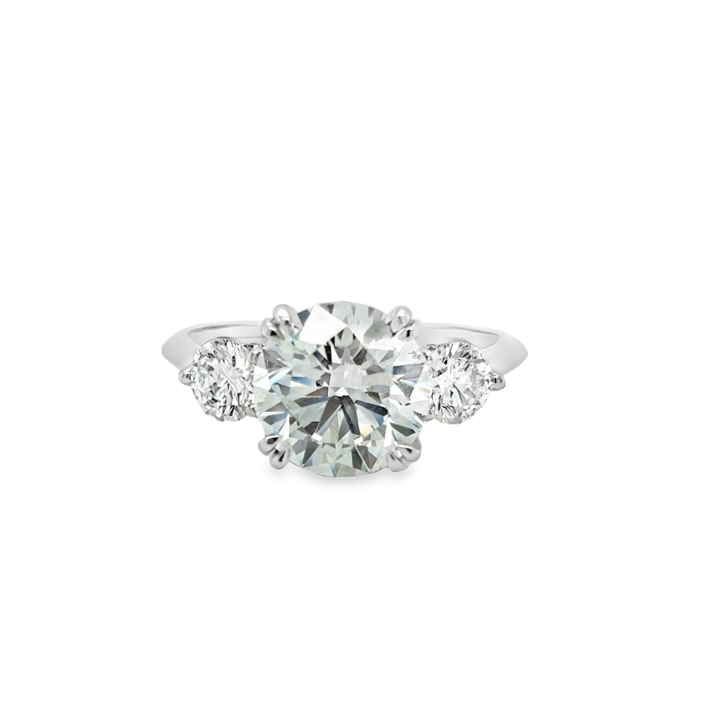 Platinum 3 Stone Round Brilliant Graduated Cultured Diamond Ring With Hidden Halo 3.82ct