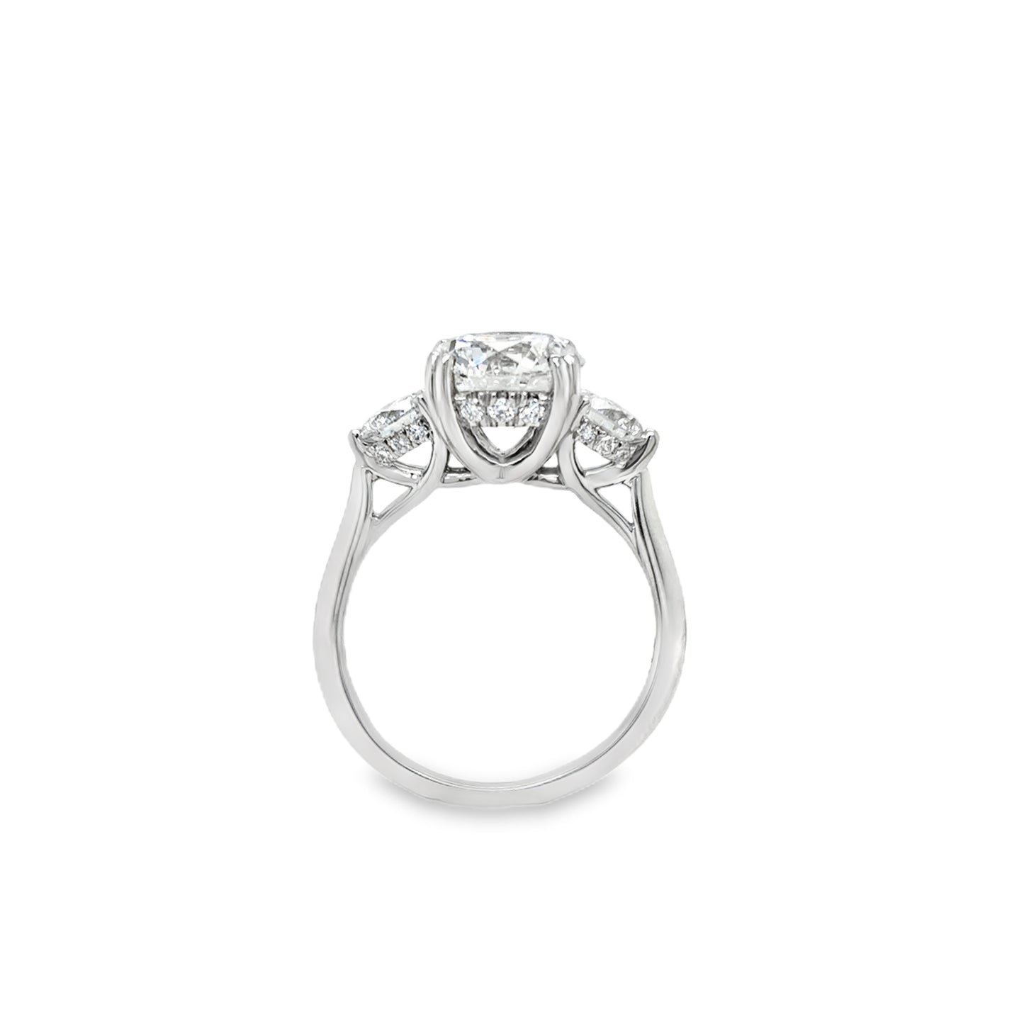 Platinum 3 Stone Round Brilliant Graduated Cultured Diamond Ring With Hidden Halo 3.82ct