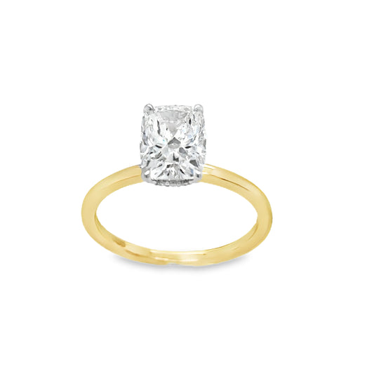 18ct Elongated Cushion Cultured Diamond Ring With Hidden Halo 2.10ct